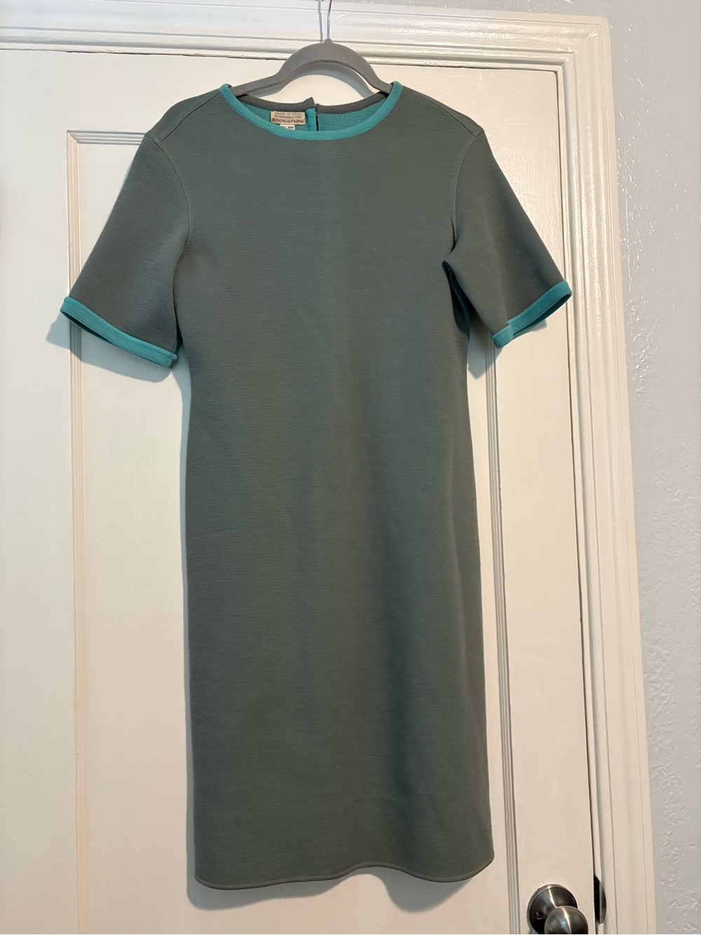 Women’s Short Sleeve Shift Dress in Sage with Teal Trim